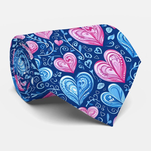 Valentinstag hübsche blaue und rosa Herzen Krawatte (Gerollt)