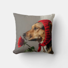 Valentinstag-Hund hält Rosenporträt, süßer Hund Kissen