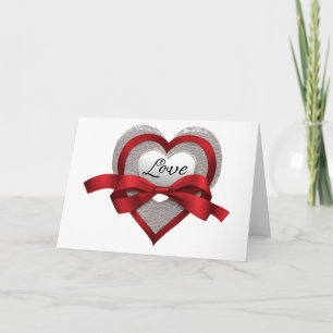 Valentinstag-Karte der Silver Heart Red Ribbon Lie Karte