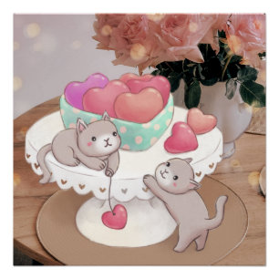 Valentinstag: Katzen, Herz-Cookies und Blume Poster