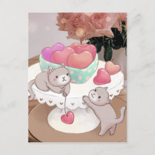 Valentinstag: Katzen, Herz-Cookies und Blume Postkarte