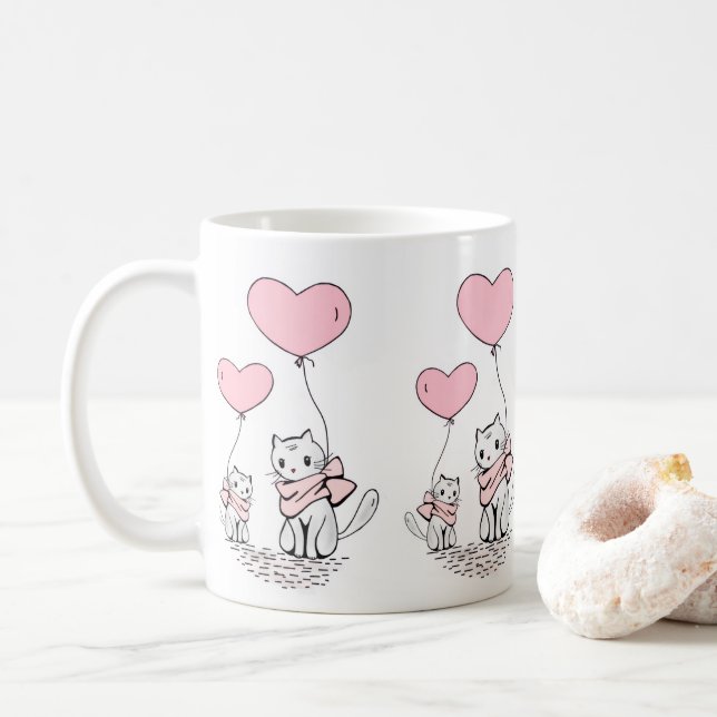 Valentinstag Katzen Rosa Herzen Tassen (Mit Donut)