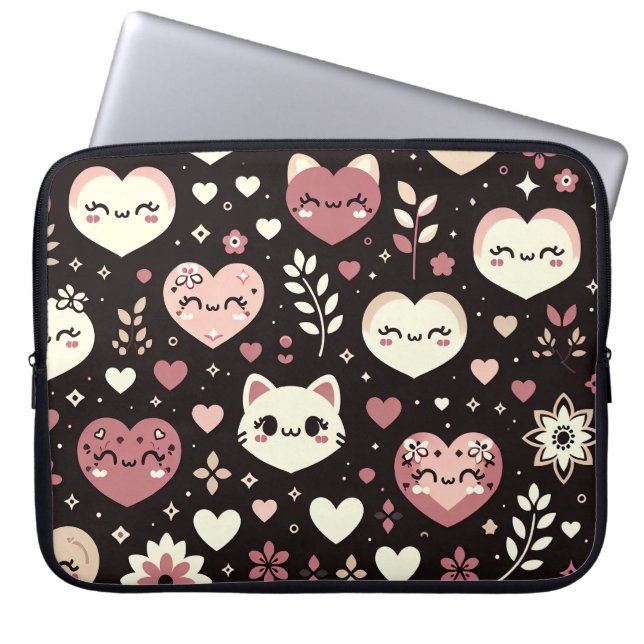 Valentinstag Kawaii Katzen Herz Blume Muster Laptopschutzhülle (Vorderseite)