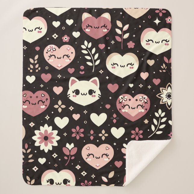 Valentinstag Kawaii Katzen Herz Blume Muster Sherpadecke (Vorderseite)