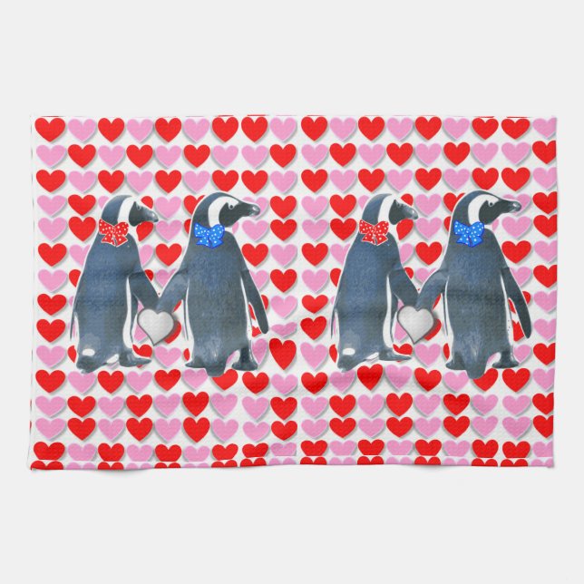 Valentinstag Küchenhandtuch, Pinguin Geschirrtuch (Horizontal)