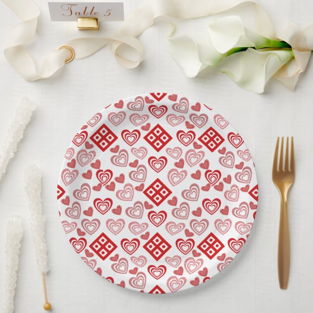 Valentinstag Liebe Rosa, Rot und Weiß Muster Pappteller (Hochzeit)