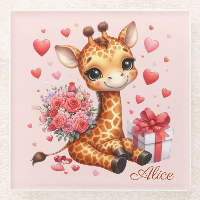 Valentinstag Liebe Rose Bouquet Giraffe Glasuntersetzer (Vorderseite)