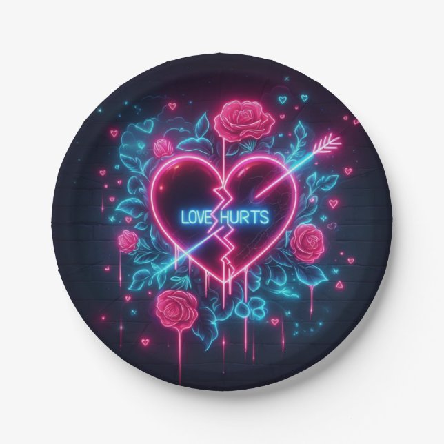 Valentinstag Liebe schmerzt Neon Heart Pappteller (Vorderseite)