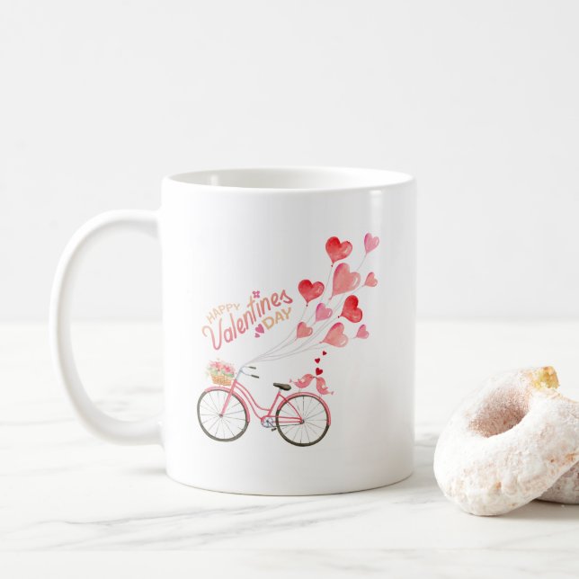 Valentinstag Liebe Vögel auf Fahrradherzen Kaffeetasse (Mit Donut)