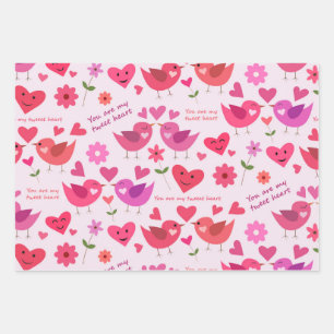Valentinstag Liebesvögel Muster rot und pink Geschenkpapier Set
