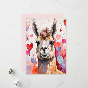 Valentinstag-Llama-Aquarell-Herzen Zweifarbig Feiertagskarte