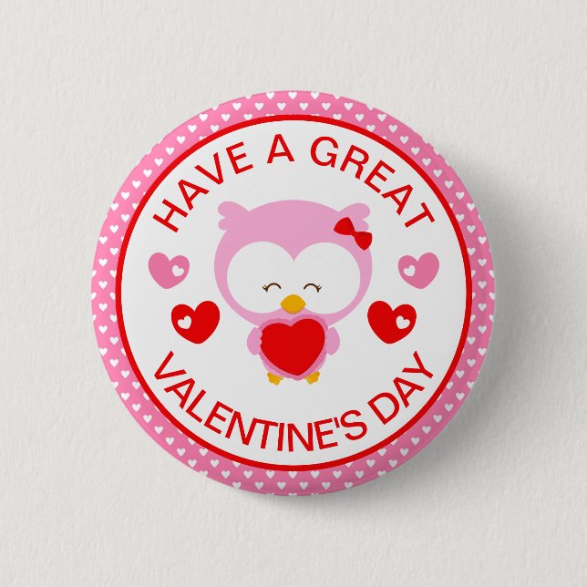 Valentinstag mit niedlichem Rosa Eule und Herz Button (Vorderseite)