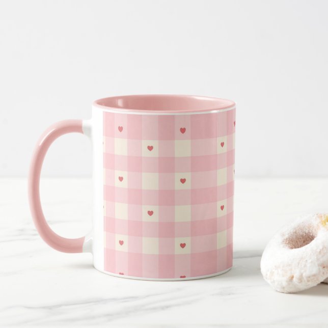 Valentinstag mit rosa Gingham-Herzen  Tasse (Mit Donut)