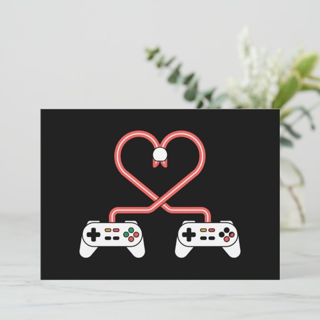 Valentinstag mit Videospielern mit Herzreglern Einladung (Stehend Vorderseite)