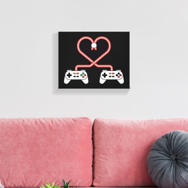 Valentinstag mit Videospielern mit Herzreglern Leinwanddruck (Insitu (Wohnzimmer))