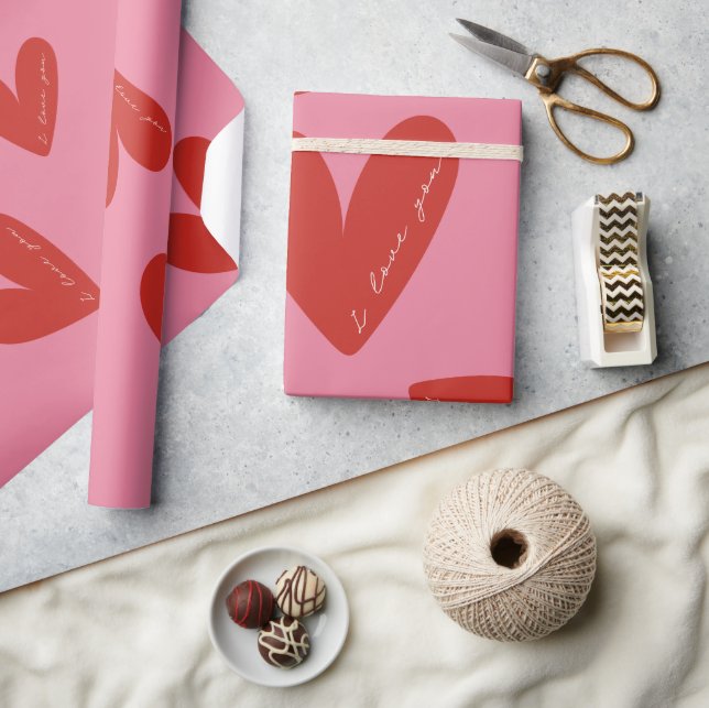 Valentinstag Moderne rote und rosa Herzen Schriftz Geschenkpapier (Kunsthandwerk)