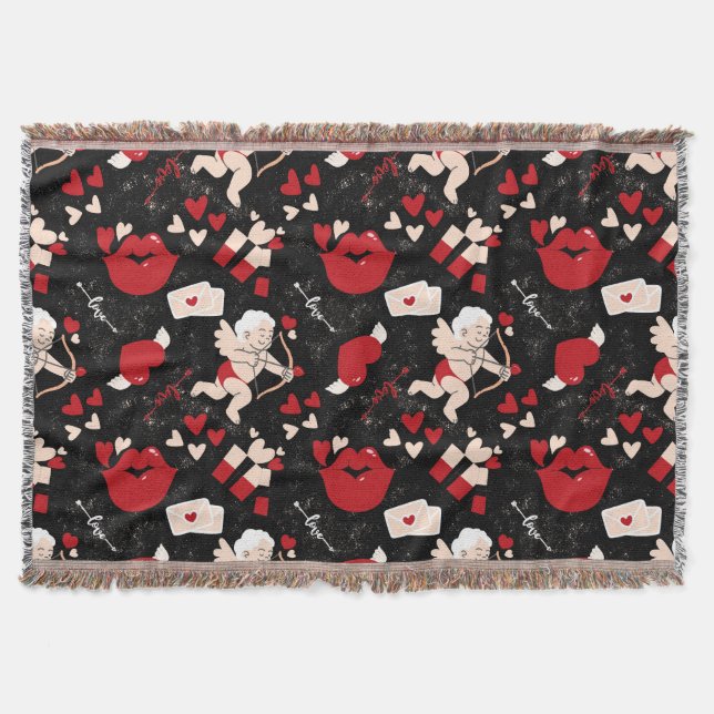Valentinstag-Muster auf schwarzem Hintergrund Decke (Vorderseite)