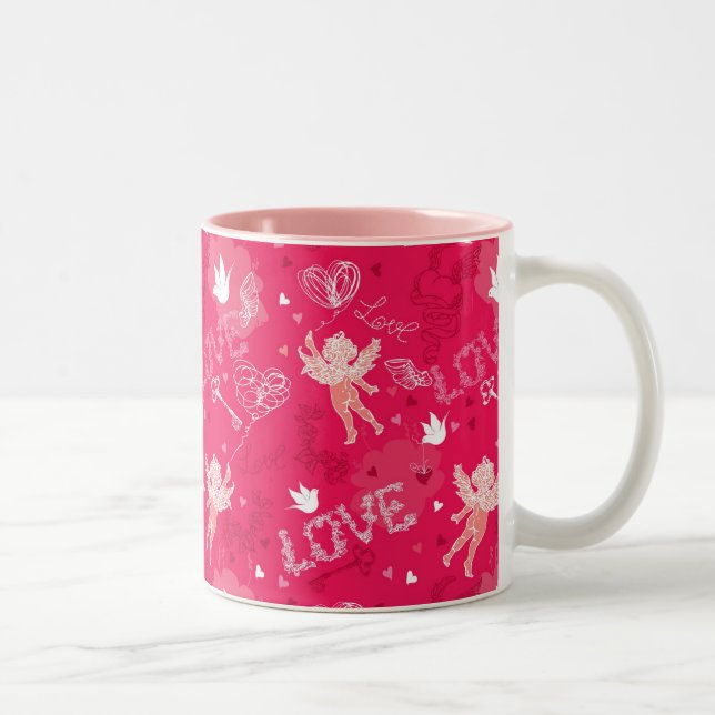 Valentinstag-Muster mit Amor Zweifarbige Tasse (Rechts)