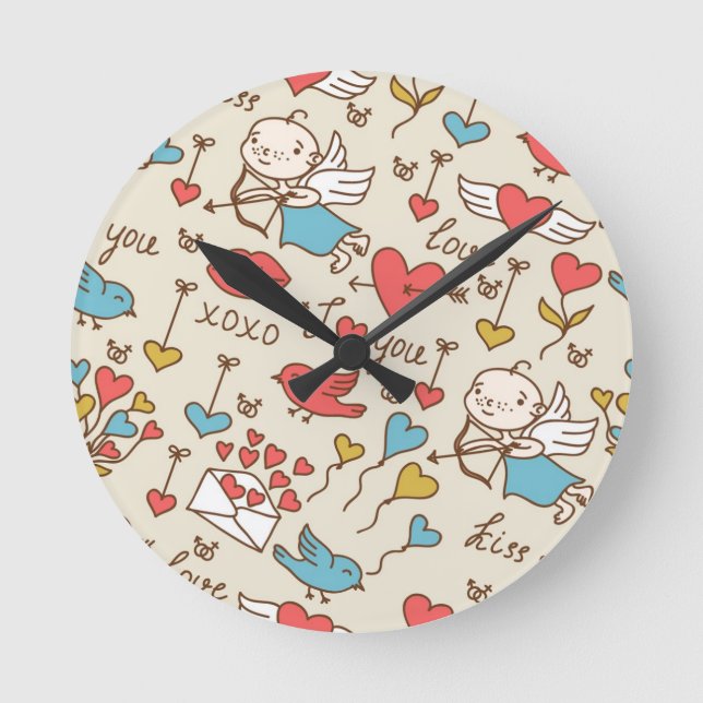 Valentinstag Muster mit Cupid Runde Wanduhr (Vorderseite)
