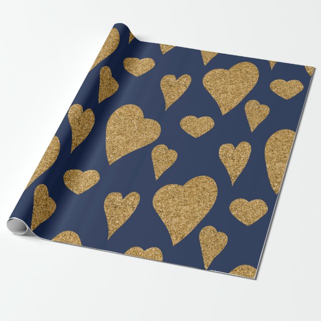 Valentinstag Navy Blue und Gold Hearts Geschenkpapier (Ungerollt)