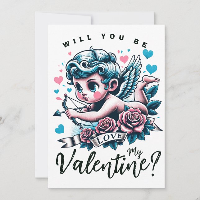 Valentinstag niedlich rosa aquamarines Cupid Feiertagskarte (Vorderseite)