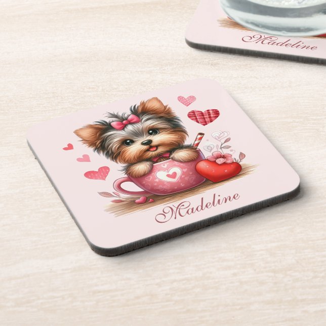 Valentinstag Niedlich Yorkshire Terrier Dog Getränkeuntersetzer (Linke Seite)