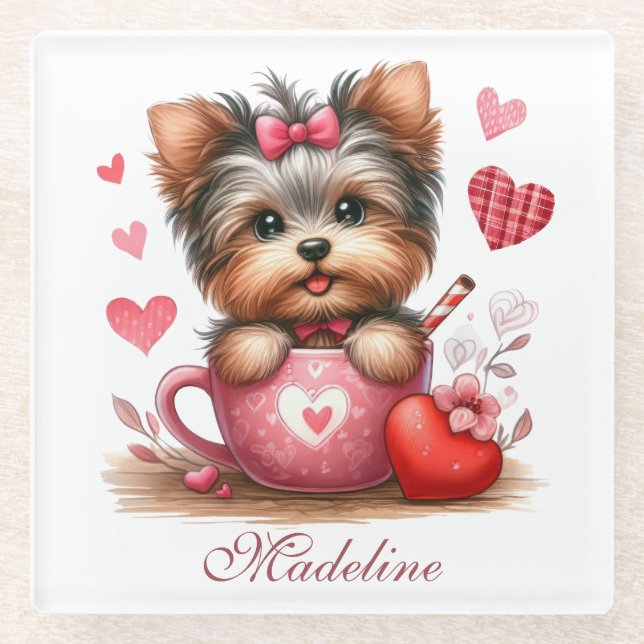 Valentinstag Niedlich Yorkshire Terrier Dog Glasuntersetzer (Vorderseite)