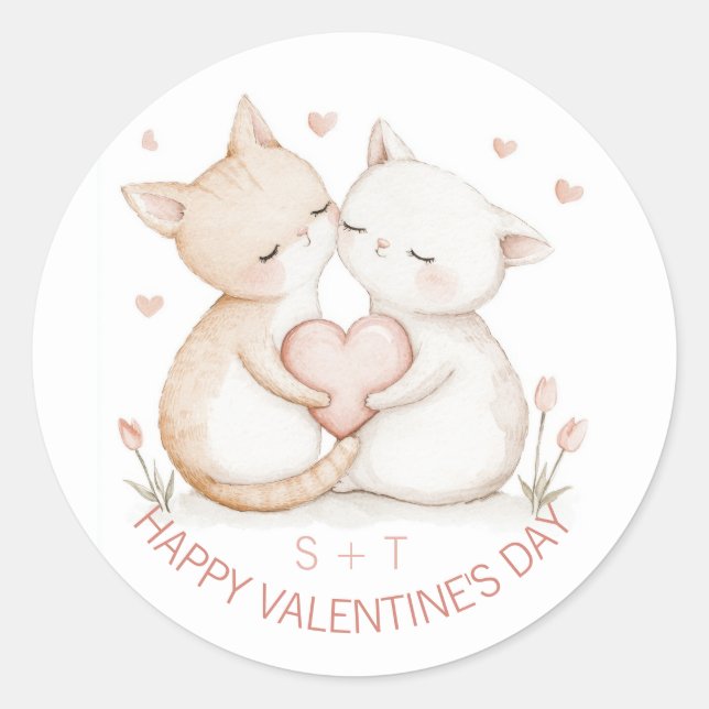 Valentinstag Niedliche Cat Couple Custom Initials Runder Aufkleber (Vorderseite)