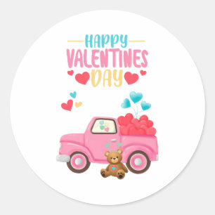 Valentinstag Niedliche Herzen Pink Truck Teddy Bea Runder Aufkleber