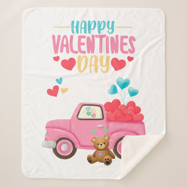 Valentinstag Niedliche Herzen Pink Truck Teddy Bea Sherpadecke (Vorderseite)