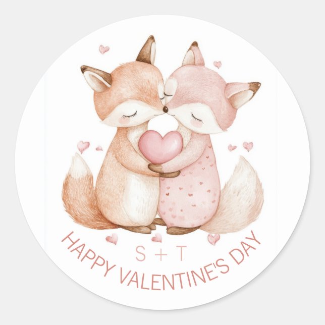 Valentinstag Niedlicher Fox Couple Custom Initials Runder Aufkleber (Vorderseite)