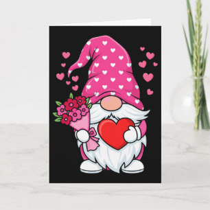 Valentinstag Niedlicher Gnom hält Herz Pinke Blüte Karte