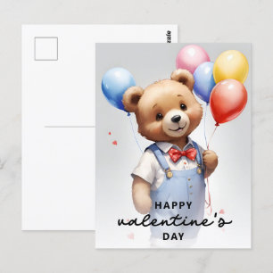 Valentinstag Niedlicher Wasserfarbenbär mit Ballon Postkarte