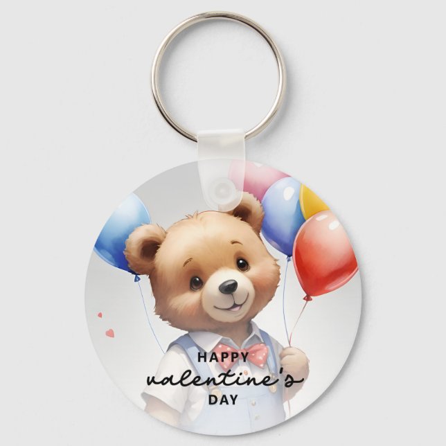 Valentinstag Niedlicher Wasserfarbenbär mit Ballon Schlüsselanhänger (Vorderseite)