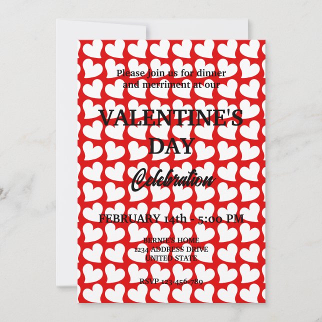 VALENTINSTAG PARTY MIT WEISSEN HERZEN IN ROT EINLADUNG (Vorderseite)