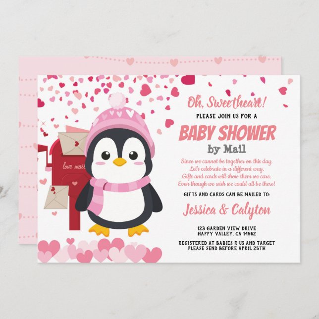 Valentinstag Penguin Girl Babydusche per Post Einladung (Vorne/Hinten)