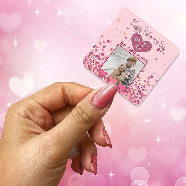Valentinstag Personalisiertes Foto Rosa Herzen nie Quadratischer Aufkleber (Valentine Day Personalized Photo Pink Hearts cute Square Sticker)
