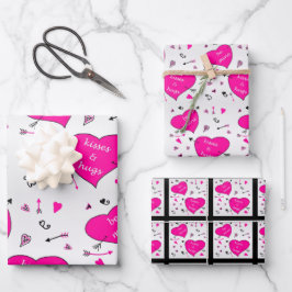 Valentinstag Pink Hearts Hugs n Kisses Geschenkpapier Set