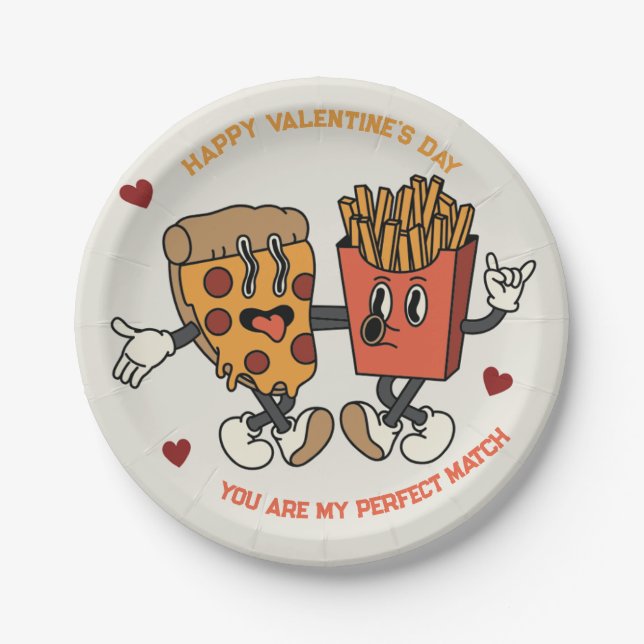 Valentinstag "Pizza and Fried Potato Match" Pappteller (Vorderseite)