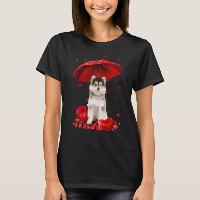 Valentinstag Pomsky Umbrella Heart Puppy Dog T-Shirt (Vorderseite)