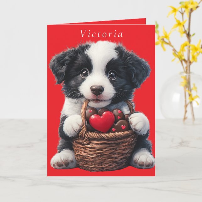 Valentinstag Puppy Red Chocolate Hearts Karte (Gelbe Blume)