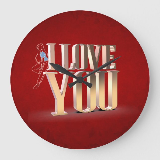 Valentinstag Red 3D I Liebe Sie Große Wanduhr (Vorderseite)
