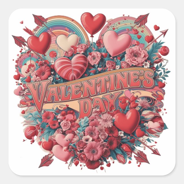 Valentinstag, Retroclipart Quadratischer Aufkleber (Vorderseite)