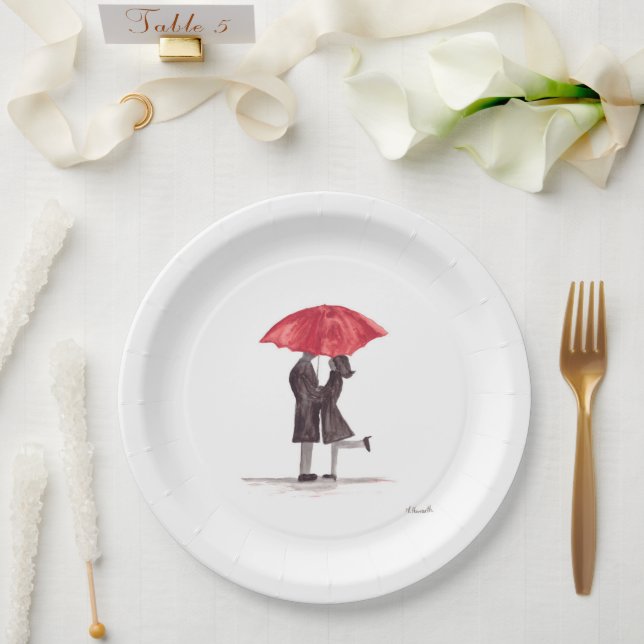 Valentinstag romantisches Paar mit rotem Schirm Pappteller (Hochzeit)