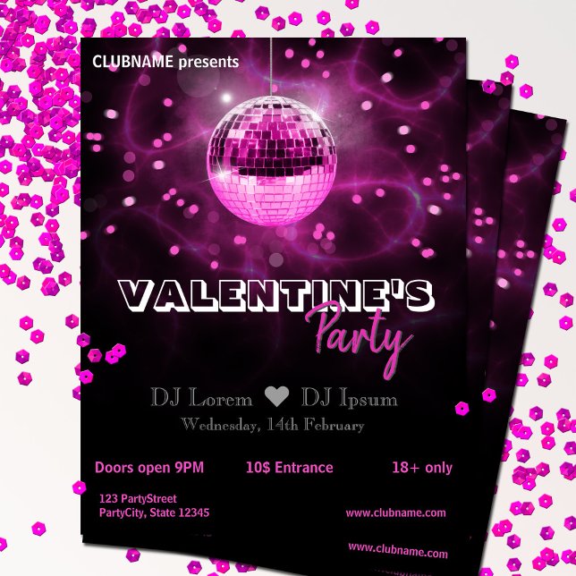 Valentinstag Rosa Disco Ball Party Flyer (Von Creator hochgeladen)