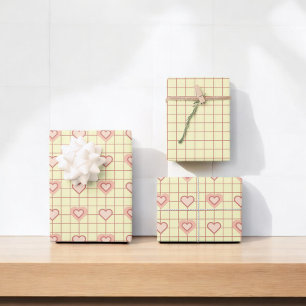 Valentinstag Rosa Herz Creme Karomuster Geschenkpapier Set