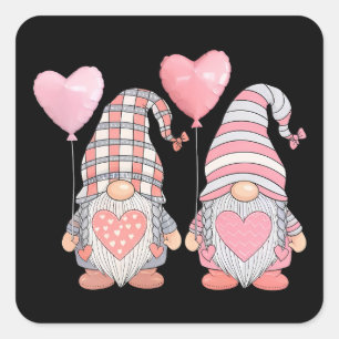 Valentinstag Rosa Herz Pärchen Gnome Ballons Quadratischer Aufkleber