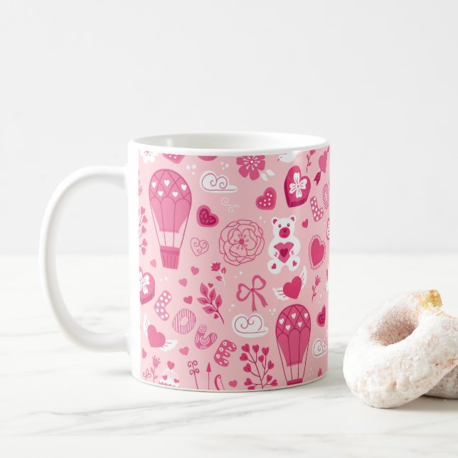 Valentinstag Rosa Herzen Liebe Bären Blume Tasse (Mit Donut)