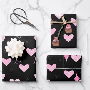 Valentinstag Rosa Herzen, Süßigkeiten und Liebe Geschenkpapier Set
