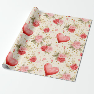 Valentinstag-Rosa und rote Rosen und Herzen  Geschenkpapier